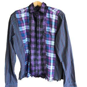 Mixed Print Button-Down Shirt, M: Upcycled Artsy Color Block Purple Black Top